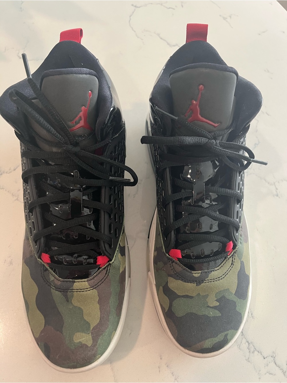 Jordan Men's Black Camo Athletic Sneakers with Red Details